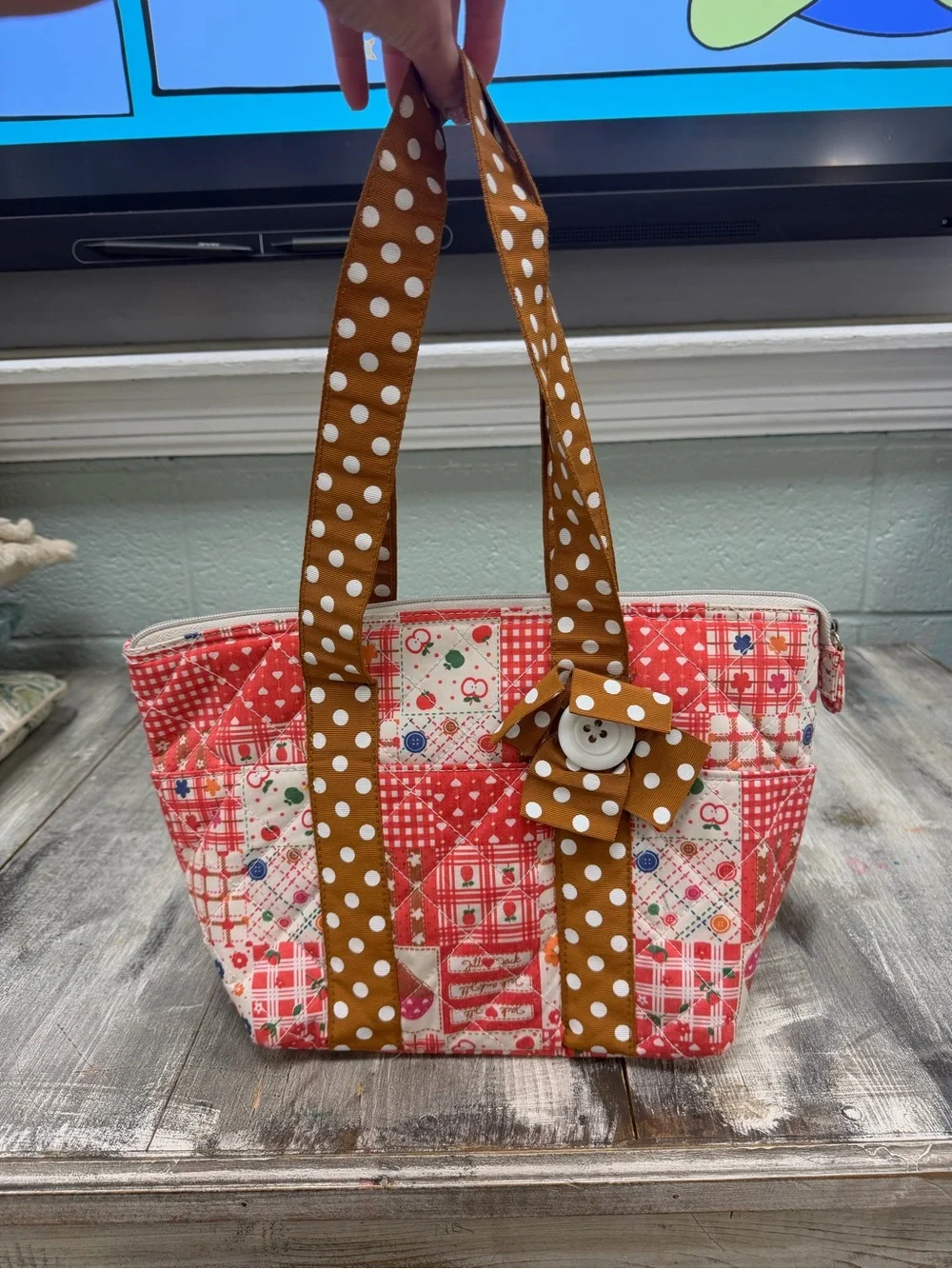 Red Patchwork Western Boho Tote with‎ Brown Polka-Dot Handles